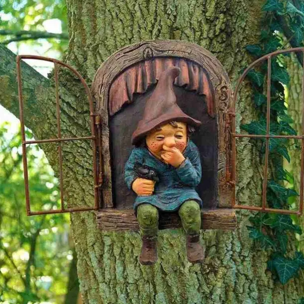 Garden Gnome Funny,Open Window Gnome, Garden Figures for Outdoors, Garden Gnomes Weatherproof, Meerkat Garden Figure, Resin Cartoon Ornaments, Tree Garden Decoration