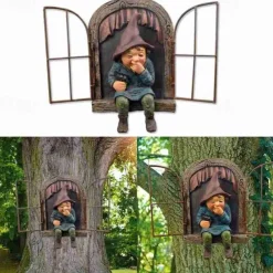 Garden Gnome Funny,Open Window Gnome, Garden Figures for Outdoors, Garden Gnomes Weatherproof, Meerkat Garden Figure, Resin Cartoon Ornaments, Tree Garden Decoration