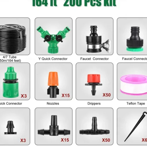 Garden Irrigation System 164FT 200 Pack Drip Irrigation Kit 1/4" Blank Distribution Tubing Watering Drip Kit Automatic Irrigation Equipment for Garden Greenhouse, Flower Bed,Patio,Lawn