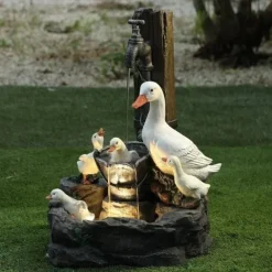 Garden Statue Solar Lights Animal Landscape Lights Led Garden Lights Resin Duck Squirrel Water Fountain Statue for Outdoor Patio Decor