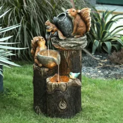 Garden Statue Solar Lights Animal Landscape Lights Led Garden Lights Resin Duck Squirrel Water Fountain Statue for Outdoor Patio Decor