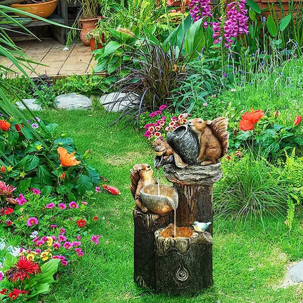Garden Statue Solar Lights Animal Landscape Lights Led Garden Lights Resin Duck Squirrel Water Fountain Statue for Outdoor Patio Decor