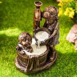 Garden Water Fountain Statue Fluorescent Light at Night Childish Whimsy Antique Bronze Fountain Sculpture Landscaping Decoration for Garden Lawn Patio Balcony Art Decor