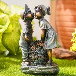 Garden Water Fountain Statue Fluorescent Light at Night Childish Whimsy Antique Bronze Fountain Sculpture Landscaping Decoration for Garden Lawn Patio Balcony Art Decor