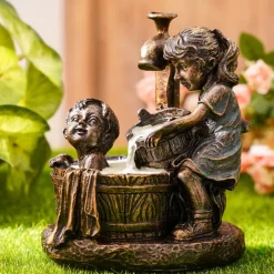 Garden Water Fountain Statue Fluorescent Light at Night Childish Whimsy Antique Bronze Fountain Sculpture Landscaping Decoration for Garden Lawn Patio Balcony Art Decor
