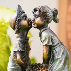 Garden Water Fountain Statue Fluorescent Light at Night Childish Whimsy Antique Bronze Fountain Sculpture Landscaping Decoration for Garden Lawn Patio Balcony Art Decor