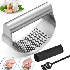 Garlic Press Set - Stainless Steel Rocker Garlic Press with Black Peeler and Cleaning Brush, Mincer Crusher and Chopper for Easy Garlic Preparation