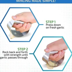 Garlic Press Set - Stainless Steel Rocker Garlic Press with Black Peeler and Cleaning Brush, Mincer Crusher and Chopper for Easy Garlic Preparation