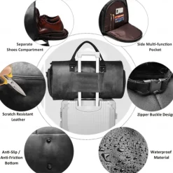 Garment Bag for Travel, Convertible Leather Suit Travel Duffel, Carry-On Luggage Bag for Men, Suit Carrier with Shoe Compartment