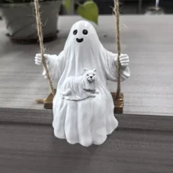 Ghost and Dog Swinging Resin Ornament 2025 Halloween Yard Decoration Spooky Swinging Ghost and Dog Statue