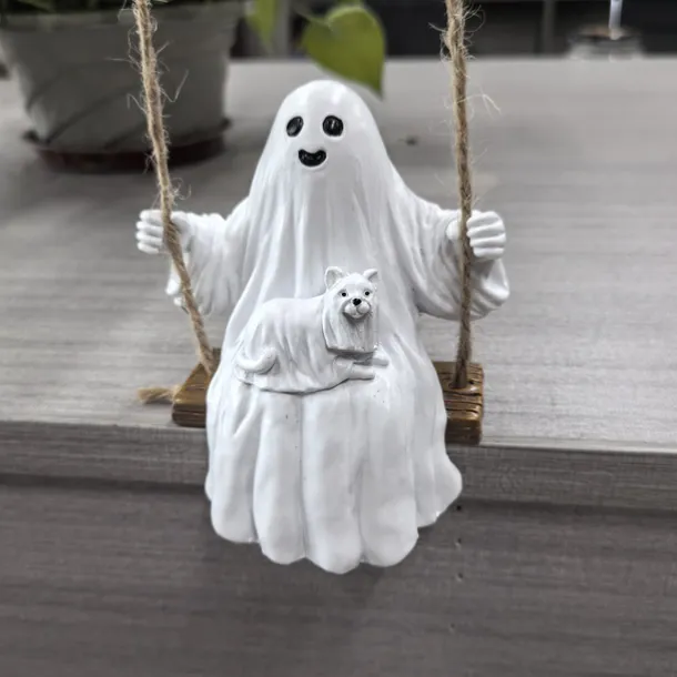 Ghost and Dog Swinging Resin Ornament 2025 Halloween Yard Decoration Spooky Swinging Ghost and Dog Statue