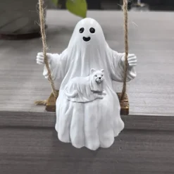 Ghost and Dog Swinging Resin Ornament 2025 Halloween Yard Decoration Spooky Swinging Ghost and Dog Statue