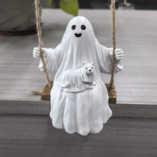 Ghost and Dog Swinging Resin Ornament 2025 Halloween Yard Decoration Spooky Swinging Ghost and Dog Statue