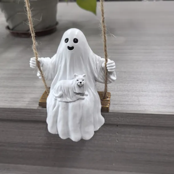 Ghost and Dog Swinging Resin Ornament 2025 Halloween Yard Decoration Spooky Swinging Ghost and Dog Statue