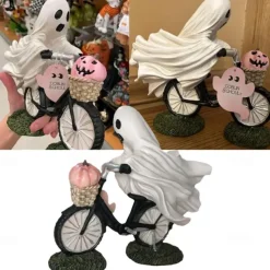 Ghost Bike Rider with Pink Pumpkin Halloween Decor, Ghost Riding a Bikes and Pink Pumpkin Statue,Cute Ghost Riding Figurines,Funny Ghost Figurine Home Tabletop Decorations