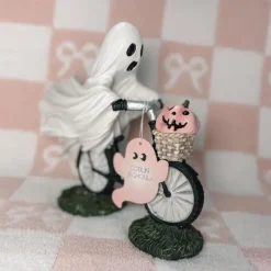 Ghost Bike Rider with Pink Pumpkin Halloween Decor, Ghost Riding a Bikes and Pink Pumpkin Statue,Cute Ghost Riding Figurines,Funny Ghost Figurine Home Tabletop Decorations