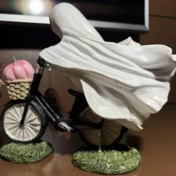 Ghost Bike Rider with Pink Pumpkin Halloween Decor, Ghost Riding a Bikes and Pink Pumpkin Statue,Cute Ghost Riding Figurines,Funny Ghost Figurine Home Tabletop Decorations