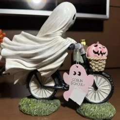 Ghost Bike Rider with Pink Pumpkin Halloween Decor, Ghost Riding a Bikes and Pink Pumpkin Statue,Cute Ghost Riding Figurines,Funny Ghost Figurine Home Tabletop Decorations