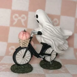 Ghost Bike Rider with Pink Pumpkin Halloween Decor, Ghost Riding a Bikes and Pink Pumpkin Statue,Cute Ghost Riding Figurines,Funny Ghost Figurine Home Tabletop Decorations