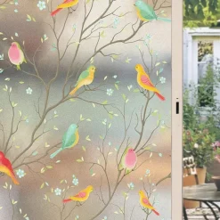 Glass Window Film Cartoon Twig Bird Frosted Static Privacy Decoration Self Adhesive for UV Blocking Heat Control Glass Window Stickers 100X45CM