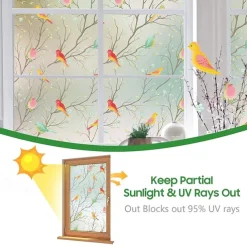 Glass Window Film Cartoon Twig Bird Frosted Static Privacy Decoration Self Adhesive for UV Blocking Heat Control Glass Window Stickers 100X45CM