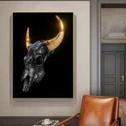Gold Metal Horns Bull Skull Statue Art Canvas Painting Posters and Prints Wall Art Pictures for Living Room Wall Decor