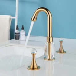 Gold Two Handle High Arc Widespread Bathroom Sink Faucet 3 Hole with Solid Brass Body Widespread Bathroom Faucet