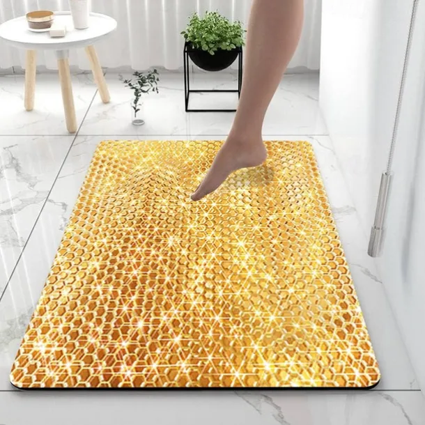 Golden Bath Mat Non-slip Diatomaceous Earth Bath Rug Soft Mat Rubber Anti-Slip Fast Dry Super Absorbent Thin Bathroom Mat for Under Door - Bathroom Floor Mat Rug Bathtub Front Shower Mat Sink