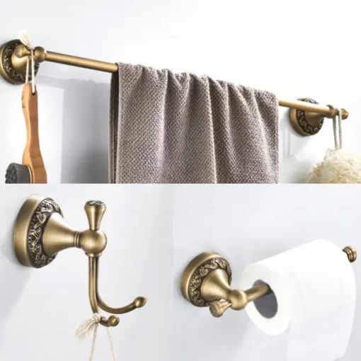 Golden Brushed Brass Towel Holder Bathroom Accessory Towel Ring/Toilet Paper Holder/Robe Hook Antique Brass Bathroom Single Rod Wall Mounted Carved Design
