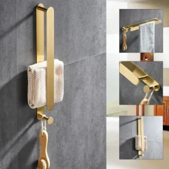 Golden Multifunctional Towel Bar with Hook 304 Stainless Steel Electroplated, 40cm, Brushed Gold, Bathroom and Kitchen Shelf Punch-free