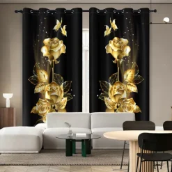 Golden Rose Peacock Insulated Outdoor Balcony Rest Living Room Home Decoration 2-piece Set 3D Digital Printing Perforated Shade Curtains