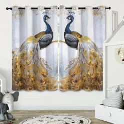 Golden Rose Peacock Insulated Outdoor Balcony Rest Living Room Home Decoration 2-piece Set 3D Digital Printing Perforated Shade Curtains