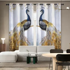 Golden Rose Peacock Insulated Outdoor Balcony Rest Living Room Home Decoration 2-piece Set 3D Digital Printing Perforated Shade Curtains
