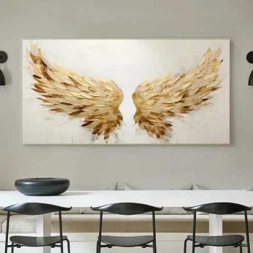 Golden Wing painting 100% Handmade Gold and White Angel Wings oil painting handmade Textured feather Painting Acrylic Abstract Oil Painting for Wall Decor Living Room Modern artwork