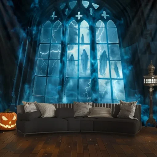 Gothic Black Cathedral Window Scene Wall Tapestry Backdrop, Dark Haunted Room Halloween Decoration for 2025 Halloween Living Room, Bedroom