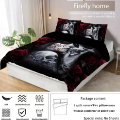 Gothic Cool Skull Floral Print 3-Piece Duvet Cover Set Bedding Set - Unique and Artistic Design - Includes Duvet Cover and Pillowcases - Soft and Durable Fabric - Perfect for Adding an Edgy Touch to Your Bedroom Decor