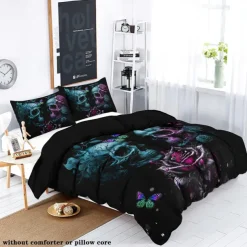 Gothic Cool Skull Floral Print 3-Piece Duvet Cover Set Bedding Set - Unique and Artistic Design - Includes Duvet Cover and Pillowcases - Soft and Durable Fabric - Perfect for Adding an Edgy Touch to Your Bedroom Decor