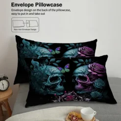 Gothic Cool Skull Floral Print 3-Piece Duvet Cover Set Bedding Set - Unique and Artistic Design - Includes Duvet Cover and Pillowcases - Soft and Durable Fabric - Perfect for Adding an Edgy Touch to Your Bedroom Decor