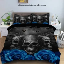 Gothic Cool Skull Floral Print 3-Piece Duvet Cover Set Bedding Set - Unique and Artistic Design - Includes Duvet Cover and Pillowcases - Soft and Durable Fabric - Perfect for Adding an Edgy Touch to Your Bedroom Decor