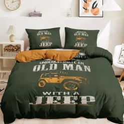 Graphic Car Old Man Duvet Cover Set Vintage Retro Style Soft Durable Microfiber Quilt Cover with Pillowcases Unique Bedroom Decor