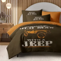 Graphic Car Old Man Duvet Cover Set Vintage Retro Style Soft Durable Microfiber Quilt Cover with Pillowcases Unique Bedroom Decor