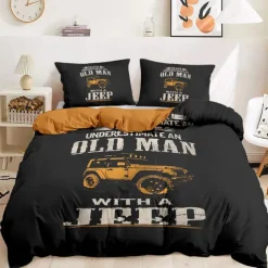 Graphic Car Old Man Duvet Cover Set Vintage Retro Style Soft Durable Microfiber Quilt Cover with Pillowcases Unique Bedroom Decor