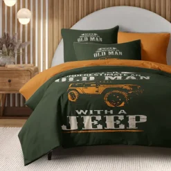 Graphic Car Old Man Duvet Cover Set Vintage Retro Style Soft Durable Microfiber Quilt Cover with Pillowcases Unique Bedroom Decor