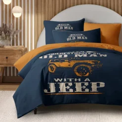 Graphic Car Old Man Duvet Cover Set Vintage Retro Style Soft Durable Microfiber Quilt Cover with Pillowcases Unique Bedroom Decor