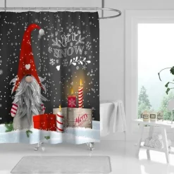 Gray Background Elf Bathroom Shower Curtain, Cute Christmas Snowflake Pattern Shower Curtain, Winter Christmas Holiday Bathroom Curtain, With 12 Plastic Hooks