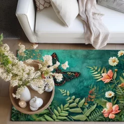 Green Butterfly Plant Area Rug Kitchen Mat Non-Slip Oil Proof Floor Mat Livingroom Rug Indoor Outdoor Mat Bedroom Decor Bathroom Mat Entrance Rug Door Mat