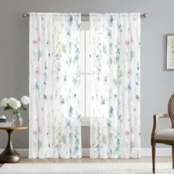 Green Eucalyptus Leaves Sheer Curtains Rod Pocket Drapes For Living Room Bedroom, Chiffon Farmhouse Curtain for Kitchen Balcony Door Window Treatments Room Darkening