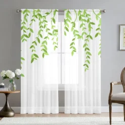 Green Eucalyptus Leaves Sheer Curtains Rod Pocket Drapes For Living Room Bedroom, Chiffon Farmhouse Curtain for Kitchen Balcony Door Window Treatments Room Darkening