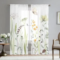 Green Eucalyptus Leaves Sheer Curtains Rod Pocket Drapes For Living Room Bedroom, Chiffon Farmhouse Curtain for Kitchen Balcony Door Window Treatments Room Darkening