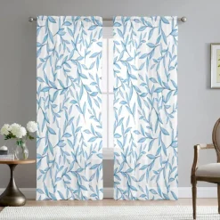 Green Eucalyptus Leaves Sheer Curtains Rod Pocket Drapes For Living Room Bedroom, Chiffon Farmhouse Curtain for Kitchen Balcony Door Window Treatments Room Darkening